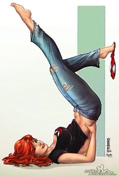Anime picture 674x1000 with marvel comics mary jane watson squirrelshaver single long hair tall image looking at viewer breasts blue eyes red hair barefoot lips legs up girl earrings mask t-shirt jeans blue jeans torn jeans