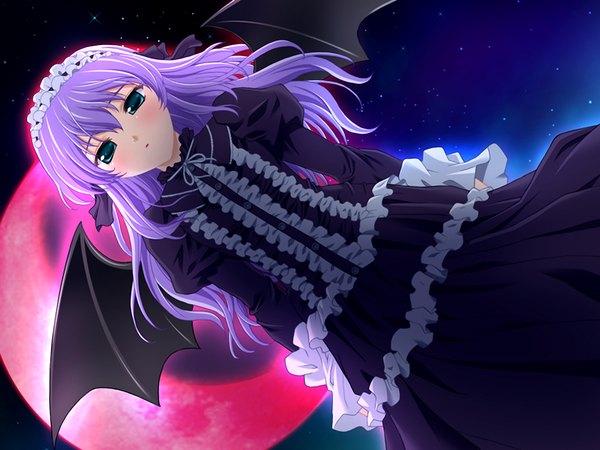 Anime picture 1200x900 with green eyes game cg purple hair night demon girl bat wings red moon girl dress