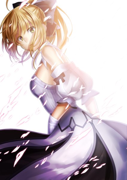 Anime picture 2507x3541 with fate (series) fate/unlimited codes type-moon artoria pendragon (all) saber saber lily ryuuki (hydrangea) single tall image highres short hair simple background blonde hair white background bare shoulders yellow eyes ahoge girl dress bow