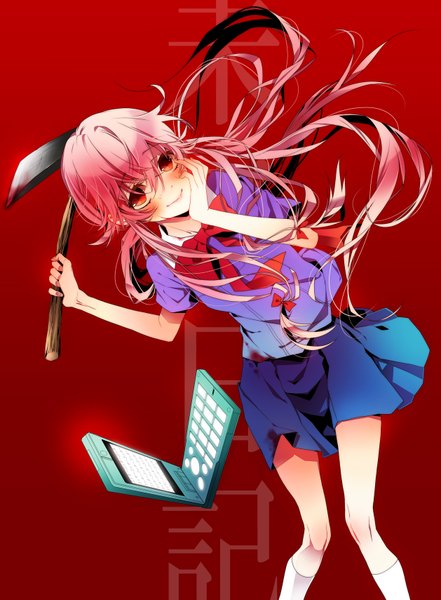 Anime picture 1258x1710 with mirai nikki gasai yuno naoto (tulip) long hair tall image blush smile red eyes pink hair looking back red background uniform school uniform bowtie blood axe