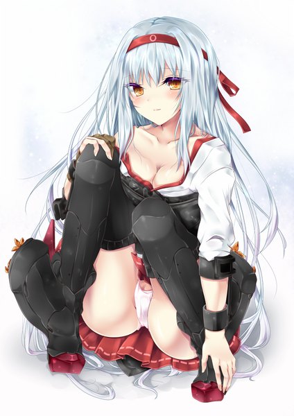 Anime picture 676x957 with kantai collection shoukaku aircraft carrier tetsu tissue single long hair tall image blush fringe breasts light erotic simple background yellow eyes cleavage silver hair pantyshot girl thighhighs skirt underwear panties