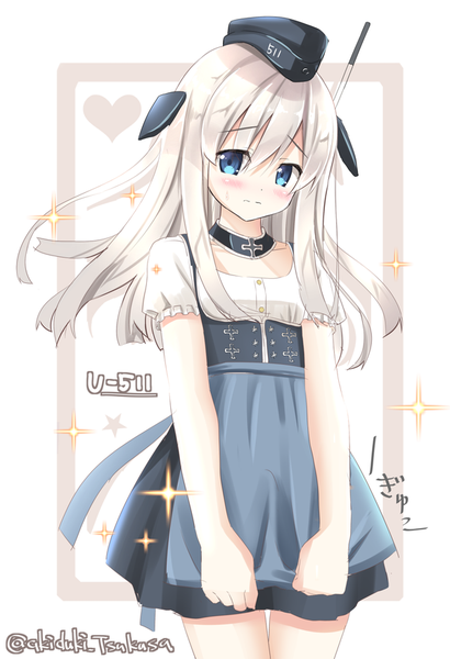 Anime picture 600x877 with kantai collection u-511 submarine z1 destroyer (leberecht maass) akitsuki tsukasa single long hair tall image looking at viewer blush fringe blue eyes simple background hair between eyes white background signed white hair traditional clothes sparkle short sleeves embarrassed