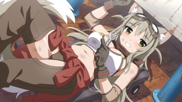 Anime picture 2248x1258 with lost pause lily the mechanic wanaca single long hair looking at viewer blush fringe highres breasts light erotic smile wide image large breasts bare shoulders holding green eyes animal ears payot game cg