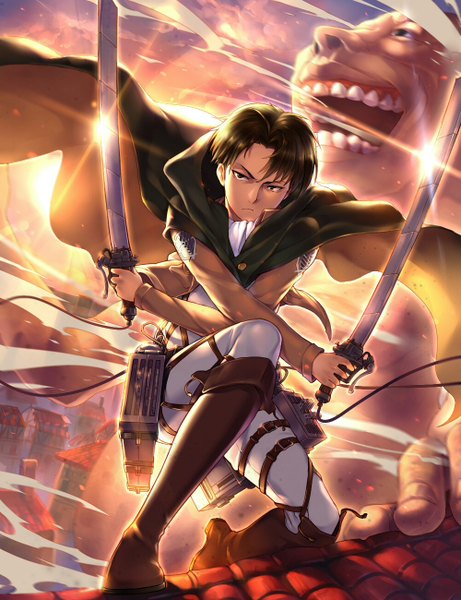 Anime picture 1000x1300 with shingeki no kyojin production i.g levi (rivaille) suika01 tall image short hair holding brown eyes teeth crossed arms dual wielding giant boy uniform weapon sword belt thigh strap building (buildings) cape