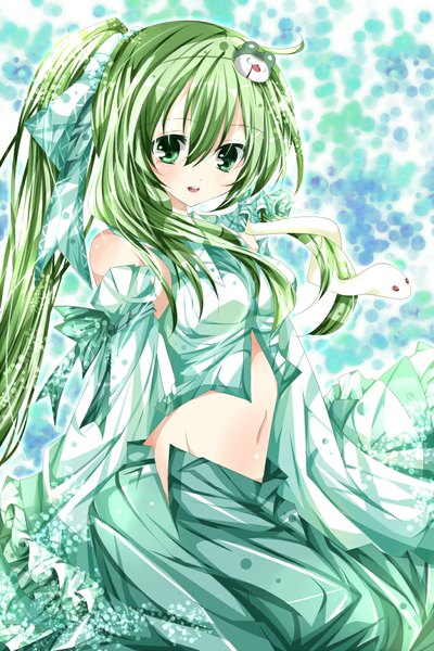 Anime picture 700x1050 with touhou kochiya sanae nanase nao single long hair tall image looking at viewer green eyes ponytail green hair girl navel hair ornament detached sleeves snake