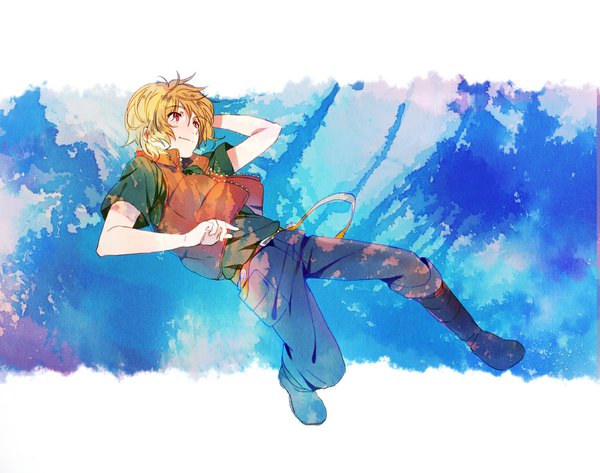 Anime picture 1179x931 with aquarion (series) aquarion evol satelight amata sora single short hair blonde hair smile red eyes boy vest