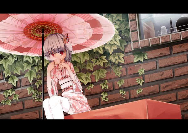Anime picture 2046x1447 with ilis (artist) highres short hair red eyes sitting silver hair japanese clothes girl thighhighs hair ornament plant (plants) white thighhighs kimono umbrella obi