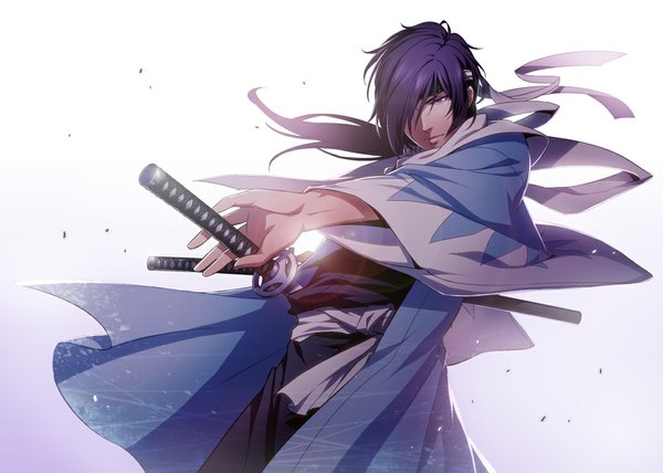 Anime picture 1050x750 with hakuouki shinsengumi kitan studio deen saito hajime kuren (artist) long hair fringe blue eyes black hair white background traditional clothes japanese clothes hair over one eye shinsengumi boy weapon sword kimono katana bandage (bandages)