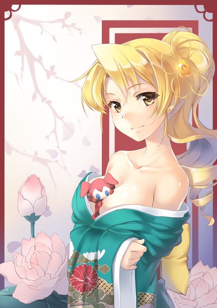 Anime picture 2480x3508 with mahou shoujo madoka magica shaft (studio) tomoe mami charlotte (madoka magica) ame no uta (aria-rain) single long hair tall image looking at viewer blush highres breasts light erotic blonde hair large breasts yellow eyes ponytail traditional clothes japanese clothes light smile
