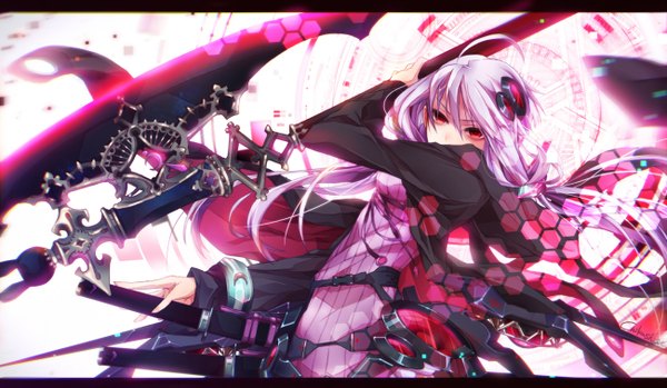 Anime picture 1300x758 with vocaloid yuzuki yukari chikashige single long hair looking at viewer red eyes wide image twintails pink hair ahoge low twintails light letterboxed girl hair ornament weapon sword katana hoodie