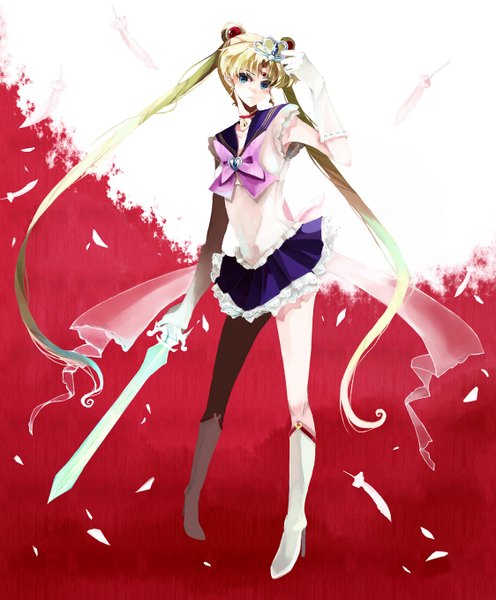 Anime picture 1124x1360 with bishoujo senshi sailor moon toei animation tsukino usagi sailor moon nako (nonrain) long hair tall image blue eyes blonde hair twintails girl gloves bow weapon petals sword elbow gloves boots feather (feathers) tiara