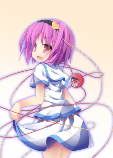 Anime picture 1174x1642 with touhou komeiji satori yaminohasai single tall image short hair open mouth simple background red eyes white background purple hair girl dress hairband eyeball