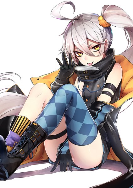 Anime picture 783x1110 with girls frontline pkp (girls frontline) luse maonang single tall image looking at viewer fringe light erotic simple background hair between eyes white background sitting holding yellow eyes silver hair ahoge very long hair pantyshot zettai ryouiki side ponytail