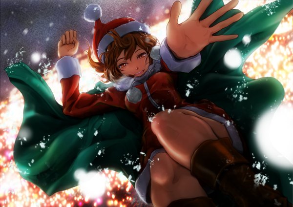 Anime picture 1518x1075 with vocaloid meiko museum2088 single looking at viewer short hair smile brown hair brown eyes from below snowing christmas winter girl santa claus hat santa claus costume