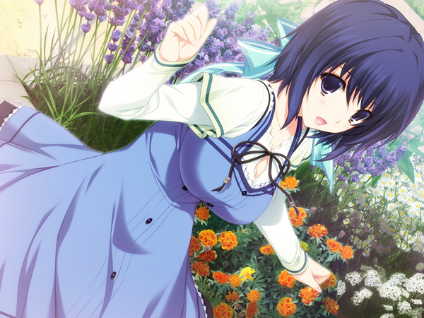 Anime picture 1024x768 with lovely x cation hibiki works nanasawa yuni iizuki tasuku short hair open mouth black hair purple eyes game cg girl dress flower (flowers)