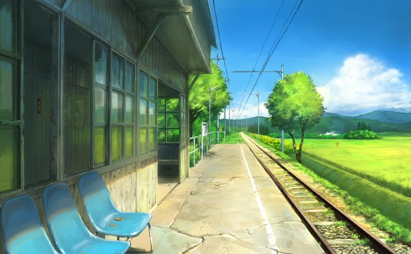 Anime picture 1000x621 with original you shimizu wide image sky cloud (clouds) mountain no people landscape plant (plants) tree (trees) grass train station