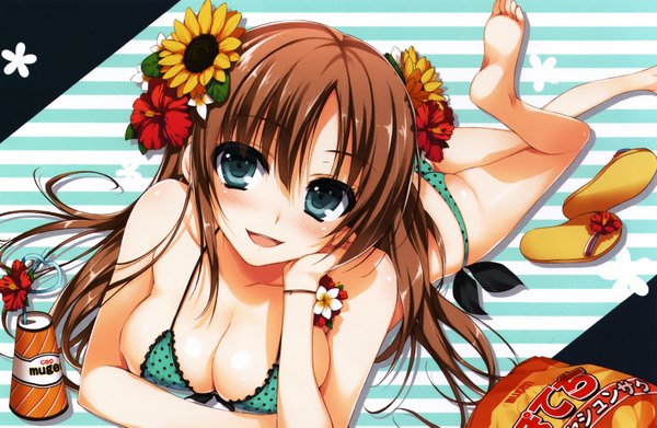 Anime picture 3500x2285 with original tomose shunsaku single long hair looking at viewer blush highres breasts open mouth blue eyes light erotic brown hair large breasts absurdres cleavage lying hair flower scan striped background girl