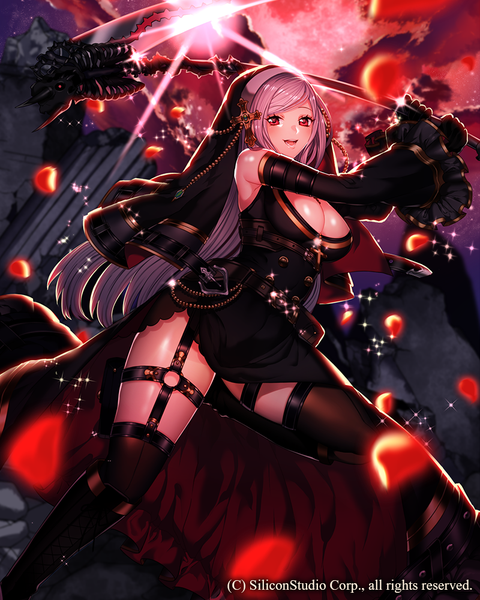 Anime picture 800x1000 with gyakushuu no fantasica katagiri hachigou single long hair tall image looking at viewer blush breasts open mouth light erotic red eyes cleavage white hair girl thighhighs dress weapon black thighhighs petals black dress