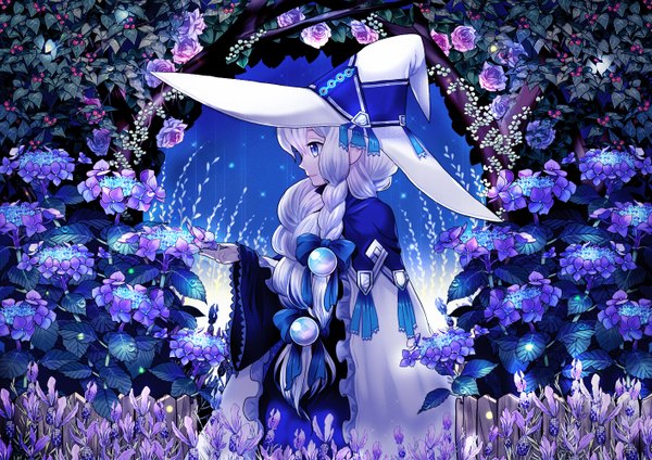 Anime picture 1414x1000 with original ishico single long hair blue eyes white hair braid (braids) profile witch girl dress flower (flowers) bow hair bow hat witch hat hydrangea