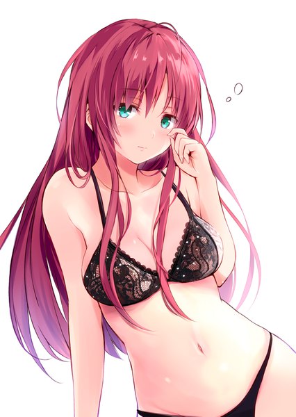 Anime picture 2762x3886 with touhou hong meiling hyurasan single long hair tall image looking at viewer blush fringe highres breasts light erotic simple background hair between eyes large breasts white background green eyes upper body red hair underwear only