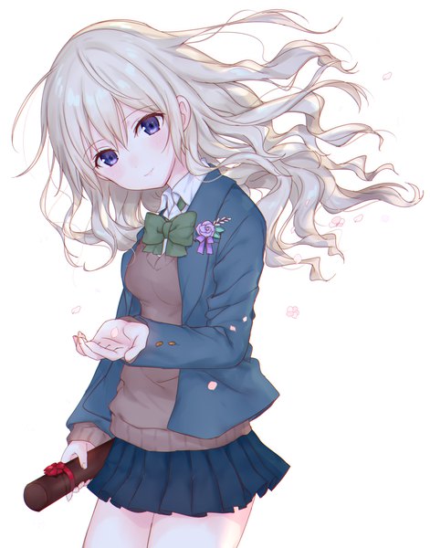 Anime picture 2650x3371 with original kakizato (artist) single long hair tall image looking at viewer blush highres blonde hair simple background smile standing white background purple eyes holding head tilt pleated skirt wind wavy hair outstretched hand