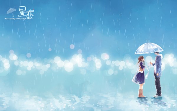 Anime picture 1680x1050 with tagme (artist) long hair short hair brown hair wide image standing blurry couple lens flare rain transparent umbrella hands on face shared umbrella girl dress boy skirt water jacket scarf