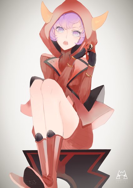 Anime picture 1158x1638 with pokemon pokemon (game) pokemon oras nintendo courtney (pokemon) hkj0230 (cc) single tall image looking at viewer short hair open mouth simple background sitting purple eyes purple hair bent knee (knees) horn (horns) grey background girl boots