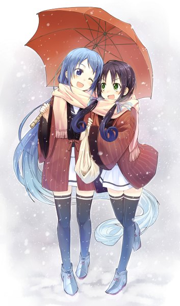 Anime picture 849x1443 with kantai collection samidare destroyer suzukaze destroyer orda long hair tall image blush open mouth blue eyes black hair multiple girls green eyes blue hair full body one eye closed wink snowing winter walking shared scarf