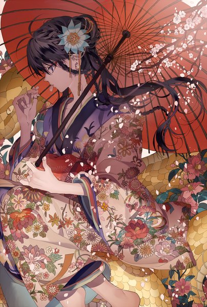 Anime picture 575x850 with original tsukioka tsukiho single long hair tall image fringe black hair holding braid (braids) traditional clothes japanese clothes profile barefoot black eyes mouth hold floral print girl hair ornament flower (flowers) animal