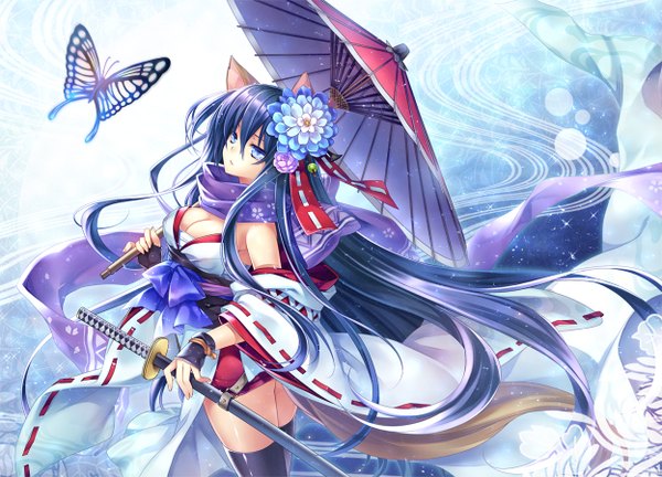 Anime picture 1248x900 with original riv single long hair breasts blue eyes large breasts animal ears blue hair cleavage traditional clothes japanese clothes hair flower wide sleeves zettai ryouiki sheathed girl thighhighs gloves hair ornament