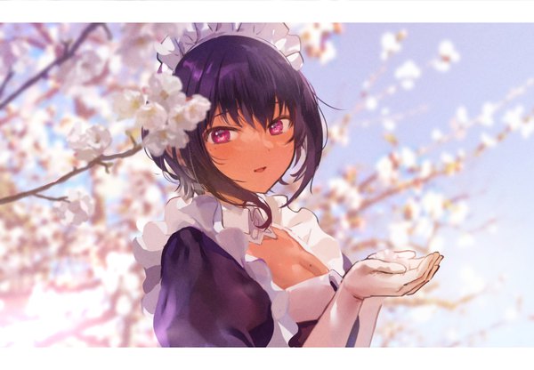 Anime picture 1162x805 with saikin yatotta maid ga ayashii lilith (saikin yatotta maid ga ayashii) konbu wakame single looking at viewer fringe short hair black hair hair between eyes purple eyes upper body outdoors mole official art maid mole under eye cherry blossoms letterboxed mole on breast girl
