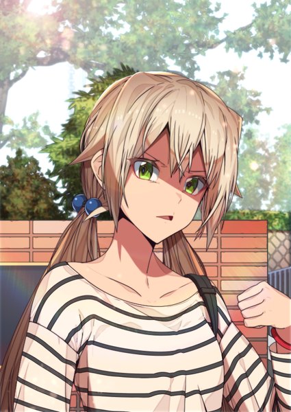 Anime picture 637x900 with original erere single long hair tall image looking at viewer fringe open mouth blonde hair hair between eyes twintails green eyes payot upper body long sleeves sunlight low twintails shaded face striped frown