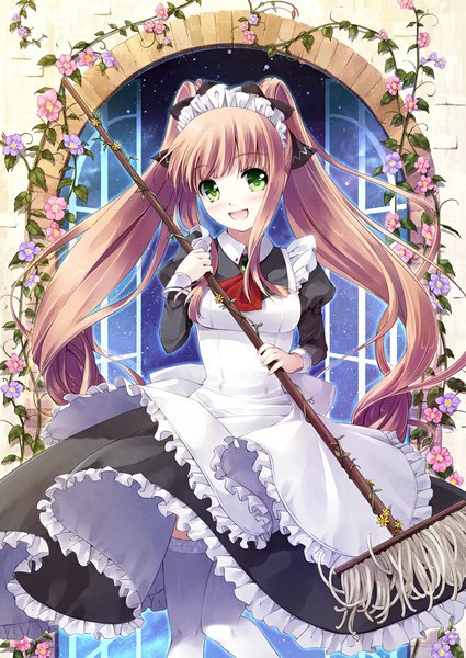 Anime picture 725x1024 with original miyase mahiro single long hair tall image looking at viewer blush open mouth brown hair twintails green eyes maid girl thighhighs dress flower (flowers) white thighhighs headdress maid headdress mop