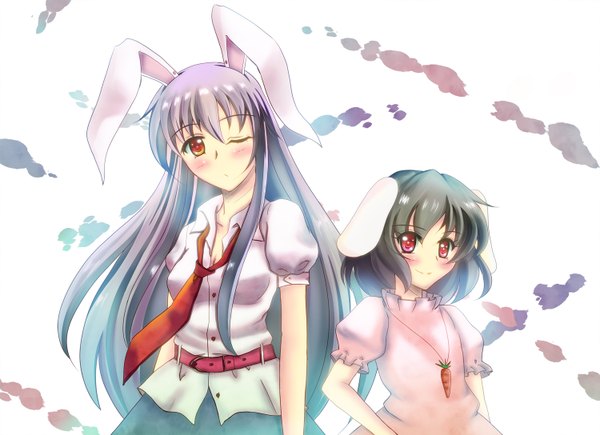 Anime picture 1500x1088 with touhou reisen udongein inaba inaba tewi pakapom (artist) long hair blush short hair black hair red eyes multiple girls purple hair one eye closed wink bunny ears bunny girl girl 2 girls