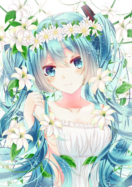 Anime picture 2084x2952 with vocaloid hatsune miku re:rin single tall image looking at viewer highres simple background white background twintails very long hair hair flower aqua hair girl dress hair ornament flower (flowers) sundress