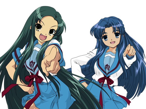 Anime picture 2000x1500 with suzumiya haruhi no yuutsu kyoto animation tsuruya asakura ryouko long hair looking at viewer highres open mouth blue eyes white background multiple girls yellow eyes blue hair very long hair :d green hair teeth fang (fangs) hand on hip outstretched arm