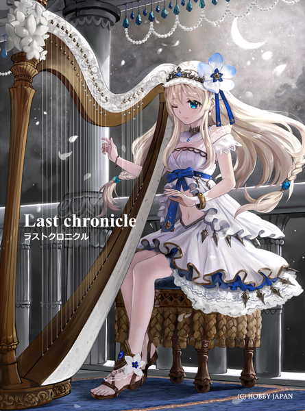 Anime picture 656x884 with original mizushirazu single long hair tall image blue eyes blonde hair sitting one eye closed wink playing instrument girl dress flower (flowers) bow petals musical instrument harp