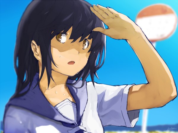 Anime picture 1600x1200 with original loundraw single long hair fringe open mouth brown eyes signed looking away sky purple hair sweat girl serafuku sailor suit hand traffic sign sign
