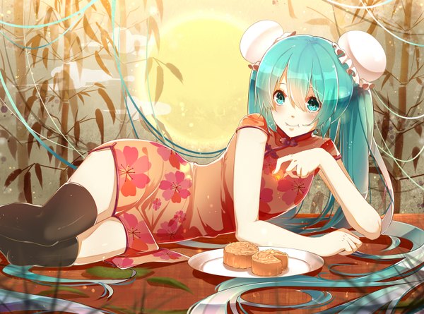 Anime picture 1500x1114 with vocaloid hatsune miku phino (jinko0094) single looking at viewer blush smile hair between eyes twintails very long hair aqua hair hair bun (hair buns) chinese clothes girl thighhighs black thighhighs chinese dress bun cover