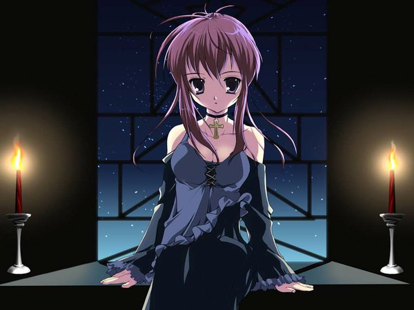 Anime picture 1024x768 with sister princess zexcs chikage (sister princess) single long hair looking at viewer brown hair sitting bare shoulders brown eyes girl dress window cross candle (candles) cross necklace