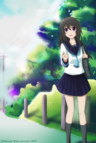 Anime picture 1942x2893 with original akiyama akari thaoiiees single long hair tall image blush highres open mouth black hair purple eyes sky cloud (clouds) pleated skirt sunlight girl uniform plant (plants) school uniform tree (trees)