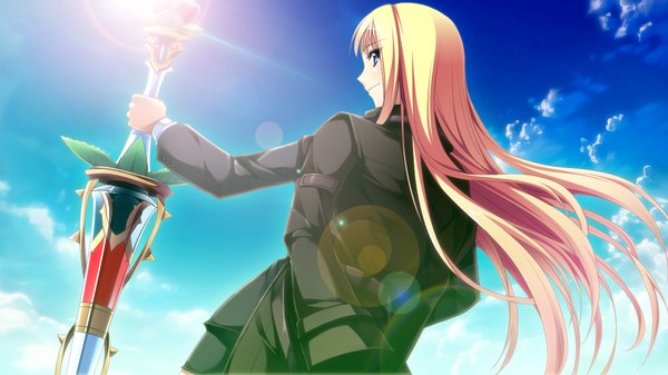Anime picture 1280x720 with gensou douwa alicetale long hair blue eyes blonde hair wide image game cg cloud (clouds) girl weapon spear