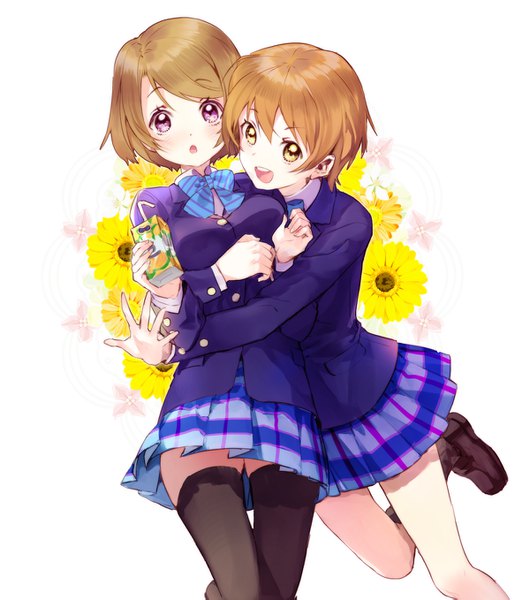 Anime picture 1200x1357 with love live! school idol project sunrise (studio) love live! hoshizora rin koizumi hanayo macciatto (aciel02) tall image looking at viewer short hair open mouth brown hair white background purple eyes multiple girls yellow eyes :d :o hug plaid skirt floral background