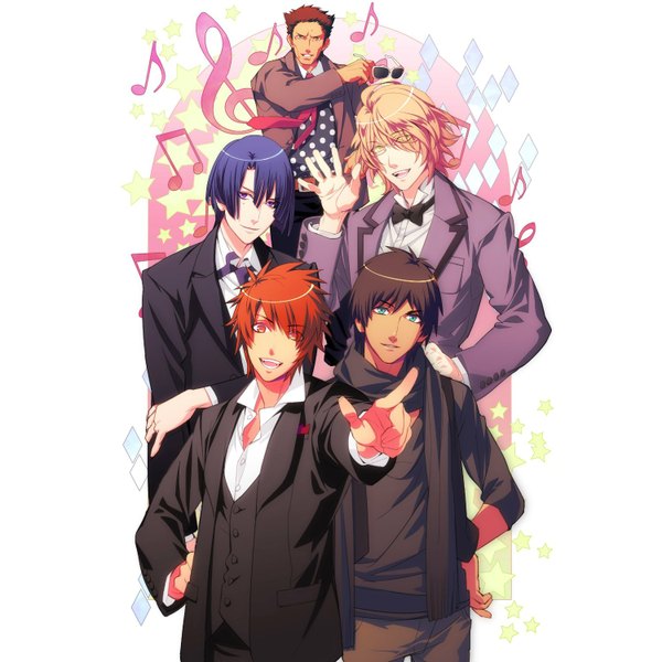 Anime picture 1500x1500 with uta no prince-sama a-1 pictures hijirikawa masato ittoki otoya shinomiya natsuki aijima cecil shiiningu saotome short hair blue eyes blonde hair smile red eyes brown hair purple eyes yellow eyes blue hair red hair mole hand on hip mole under eye