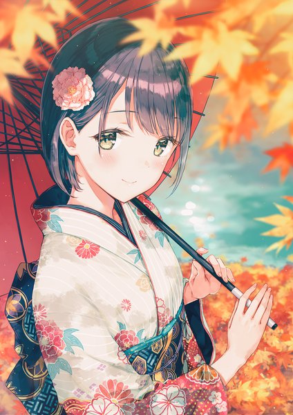 Anime picture 848x1200 with original yuzuhara yukina hiten (hitenkei) single tall image looking at viewer blush fringe short hair black hair smile holding yellow eyes upper body outdoors traditional clothes japanese clothes blurry depth of field revision