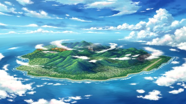Anime picture 2048x1152 with guardian place skyfish (studio) highres wide image game cg sky cloud (clouds) mountain landscape plant (plants) sea