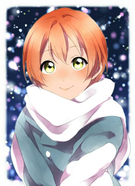 Anime picture 800x1100 with love live! school idol project sunrise (studio) love live! hoshizora rin sekina single tall image blush fringe short hair smile green eyes orange hair snowing dark background looking up winter framed outstretched hand girl