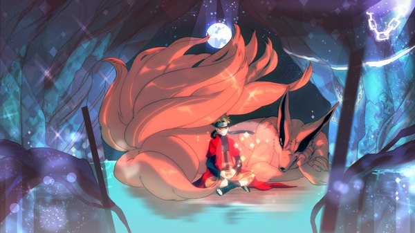 Anime picture 1920x1080 with naruto studio pierrot naruto (series) uzumaki naruto kurama (kyuubi) ester (yhs1862) highres short hair blonde hair smile red eyes wide image sitting tail lying eyes closed one eye closed night night sky crossed legs