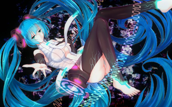 Anime picture 2880x1800 with project diva f 2nd vocaloid vocaloid append hatsune miku hatsune miku (append) bakanoe single looking at viewer highres breasts light erotic smile twintails green eyes bent knee (knees) very long hair barefoot aqua hair no bra sleeveless