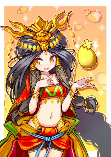 Anime picture 566x800 with puzzle & dragons ame no uzume (p&d) hong (white spider) single long hair tall image blush open mouth black hair smile yellow eyes traditional clothes bare belly framed girl navel bracelet arabian clothes